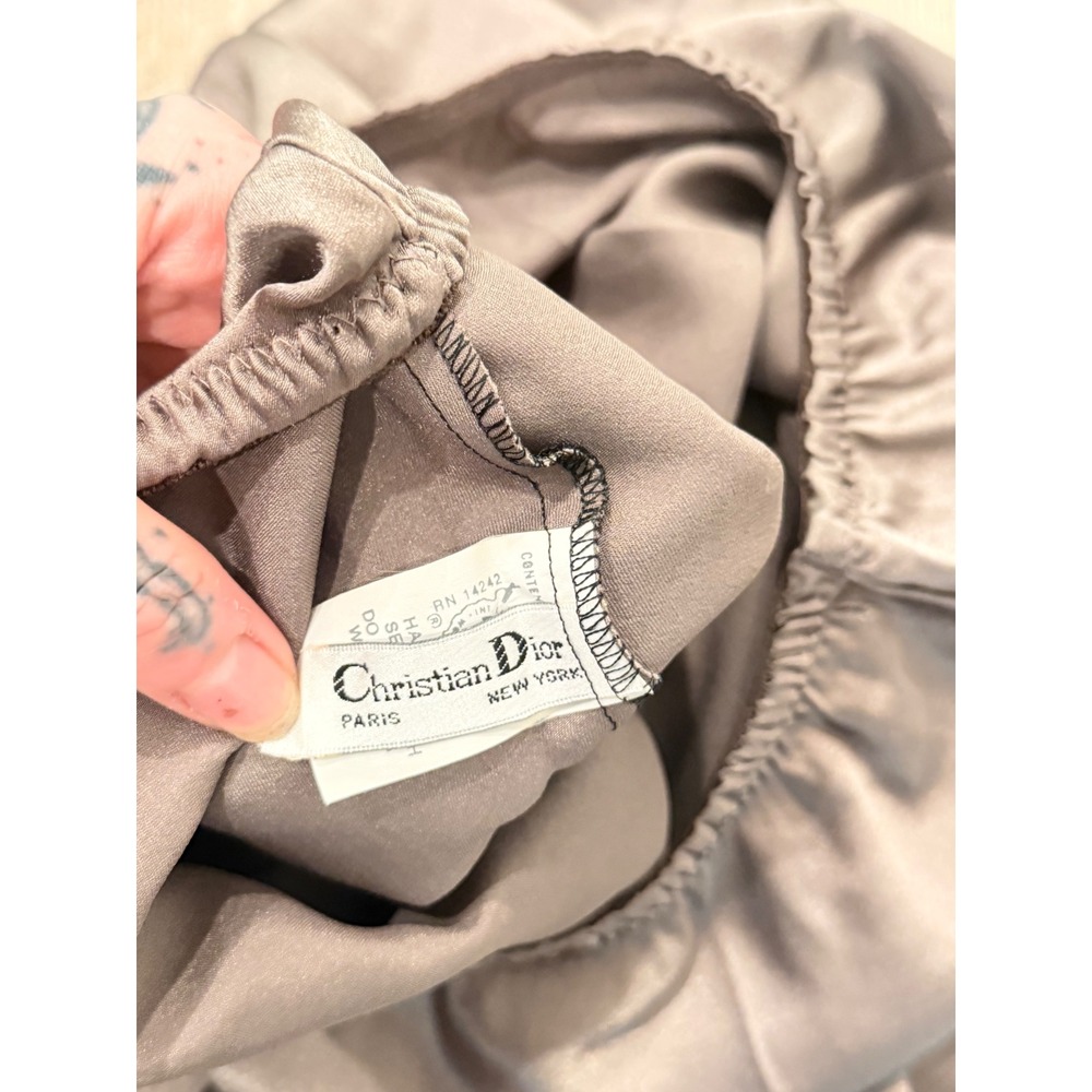 Christian Dior Vintage Taupe Satin Half Slip Lace Trim Side Slit Logo 25 Inch - Picture 13 of 14